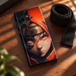 Naruto Fiery Orange Portrait Mobile Skin, warm walnut desk view