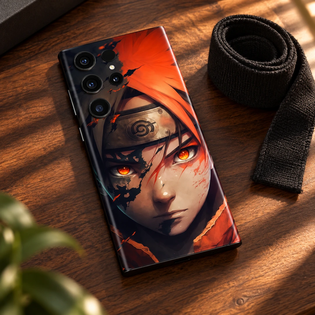Naruto Fiery Orange Portrait Mobile Skin - Warm walnut desk view Naruto Fiery Orange Portrait Mobile Skin, warm walnut desk view