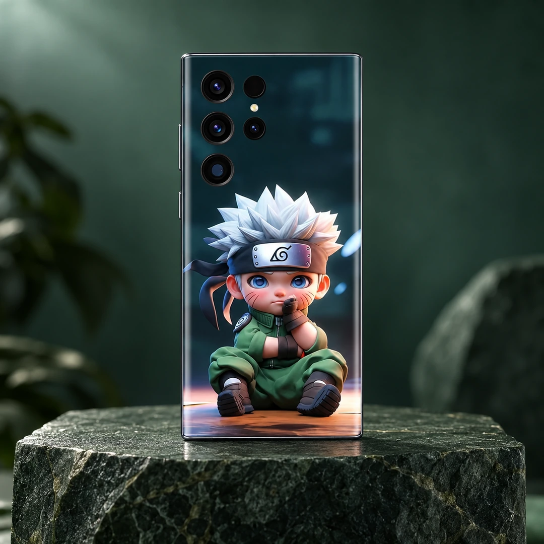 Naruto Green Chibi Mobile Skin - Forest green studio hero Naruto mobile skin with seated white-haired chibi ninja in green, forest green studio hero
