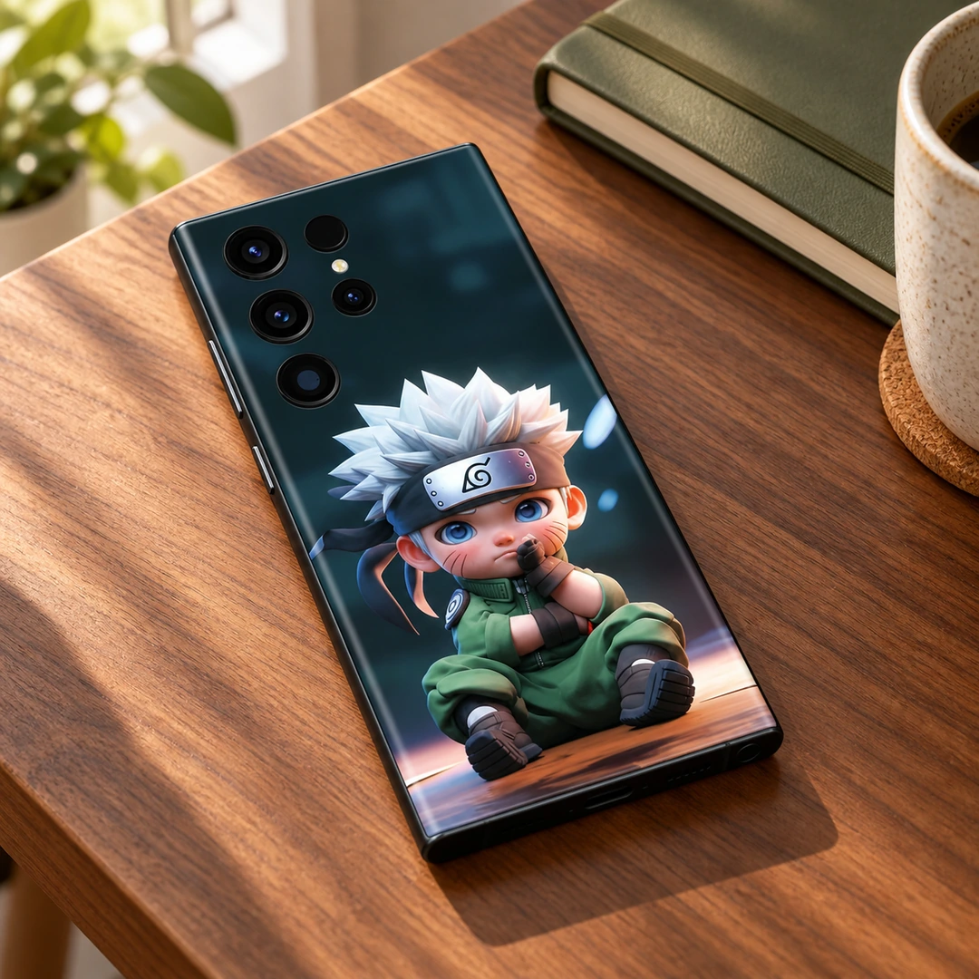 Naruto Green Chibi Mobile Skin - Walnut desk view Naruto mobile skin with seated white-haired chibi ninja in green, walnut desk view