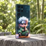 Naruto mobile skin with seated white-haired chibi ninja in green, bamboo garden view