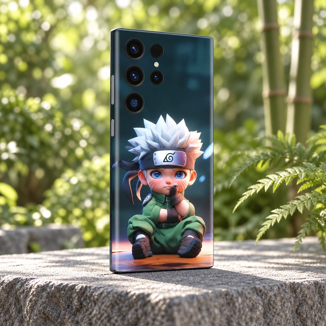 Naruto Green Chibi Mobile Skin - Bamboo garden view Naruto mobile skin with seated white-haired chibi ninja in green, bamboo garden view