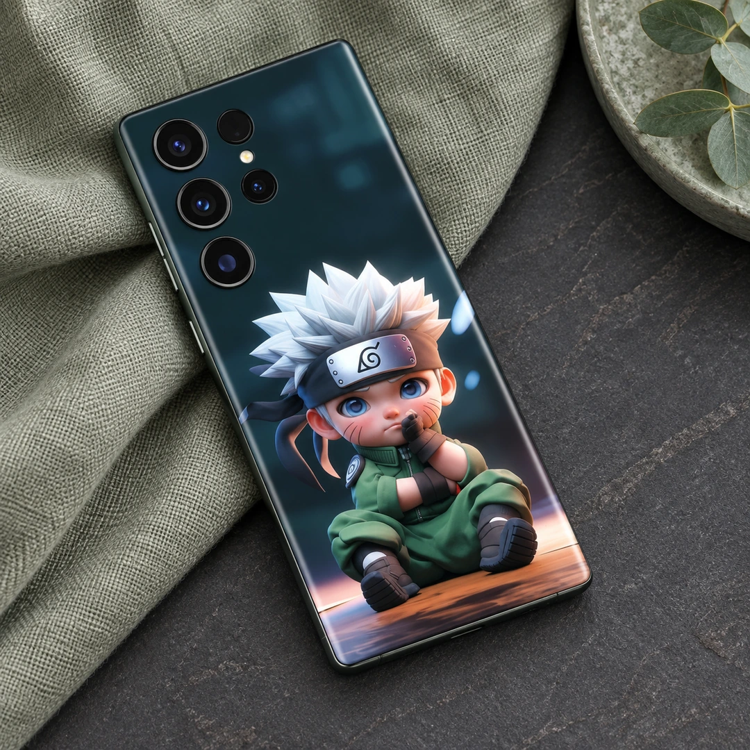 Naruto Green Chibi Mobile Skin - Sage linen flat lay Naruto mobile skin with seated white-haired chibi ninja in green, sage linen flat lay