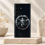 Nataraja cosmic silver dance mobile skin with circular flame halo and star speckles on an ivory pedestal