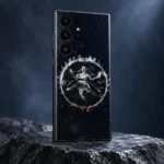Nataraja silver dancing Shiva phone skin angled in a cool blue grey studio