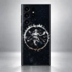 Close detail of silver Nataraja dancing Shiva circular halo and cosmic speckles on phone skin