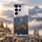 Natural Mountain Autumn Forest Mobile Skin shown upright on natural rock against a softly blurred mountain landscape