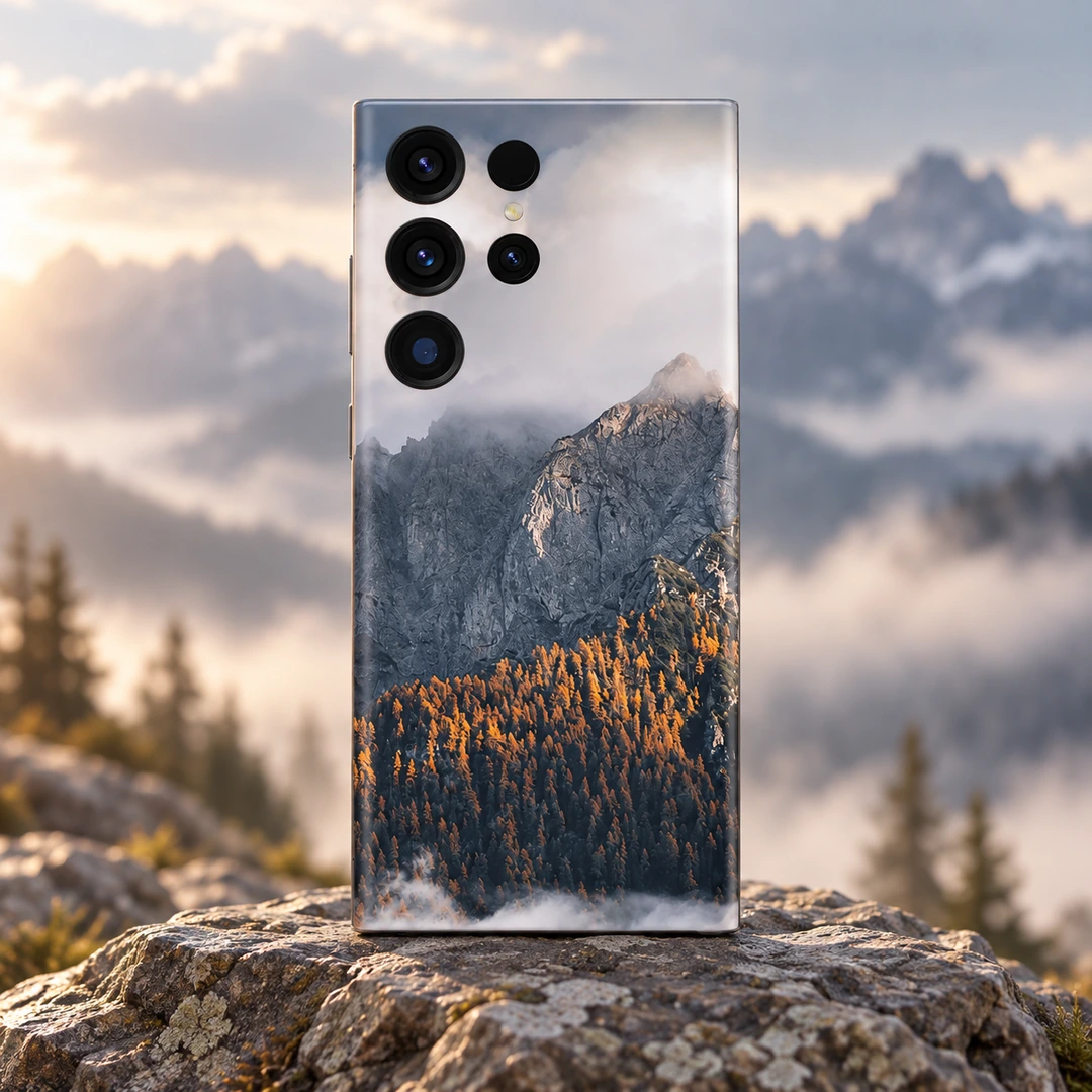 Natural Mountain Autumn Forest Mobile Skin - Mountain dawn hero Natural Mountain Autumn Forest Mobile Skin shown upright on natural rock against a softly blurred mountain landscape