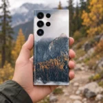 Natural Mountain Autumn Forest Mobile Skin shown held in front of a softly blurred autumn trail