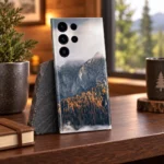 Natural Mountain Autumn Forest Mobile Skin shown leaning against slate on a warm wooden cabin shelf