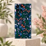 Navy Floral Pattern Mobile Skin shown upright on limestone with soft botanical surroundings