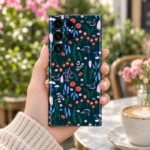 Navy Floral Pattern Mobile Skin shown held in a softly blurred garden cafe