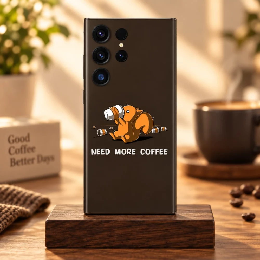 Brown Need More Coffee mobile skin with orange squirrel drinking coffee - coffee studio hero