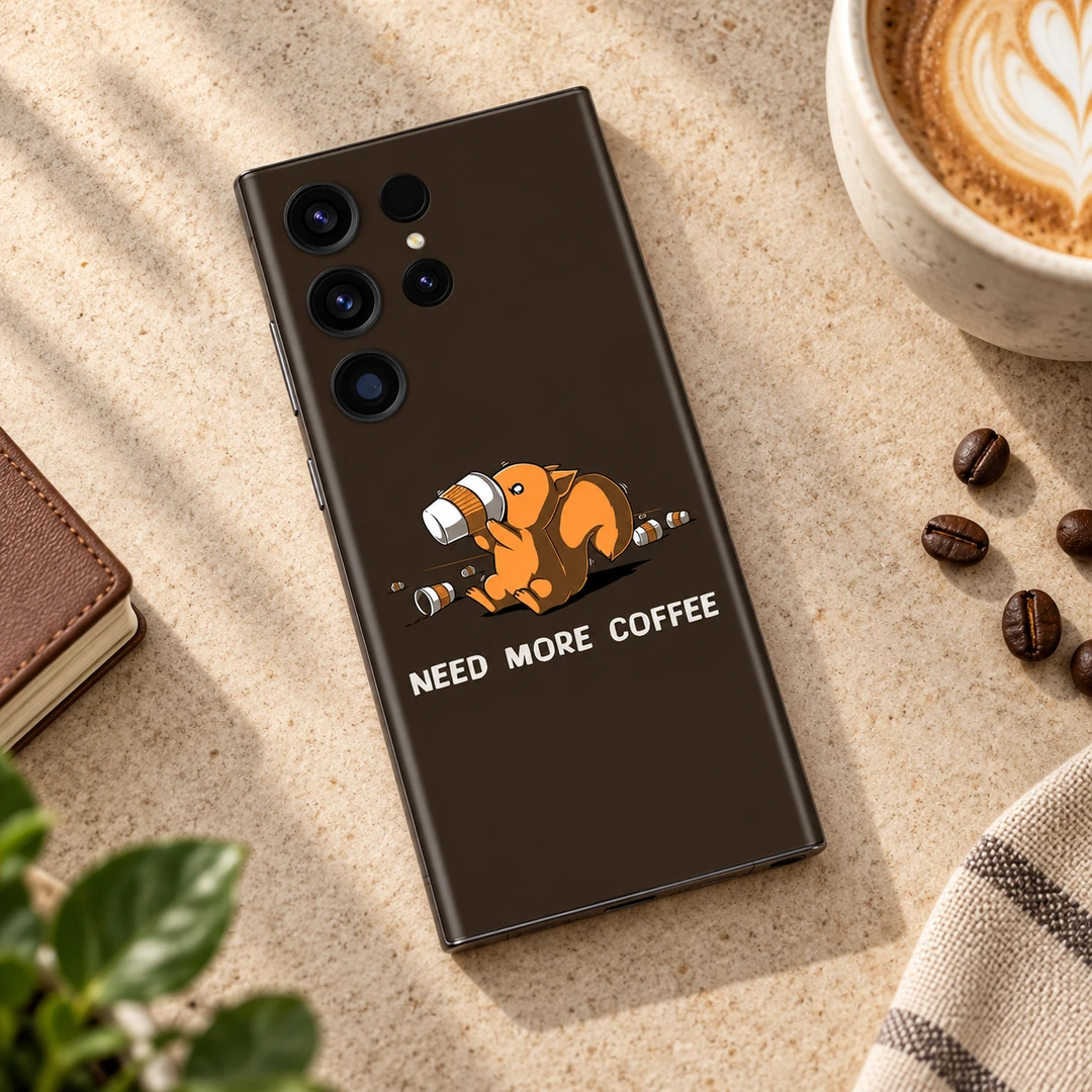 Need More Coffee Mobile Skin - Cappuccino flat lay Brown Need More Coffee mobile skin with orange squirrel drinking coffee - cappuccino flat lay
