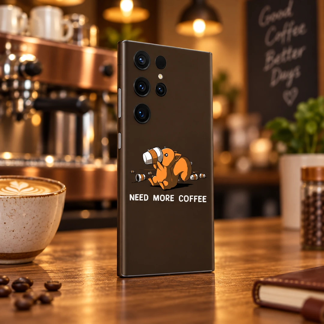 Need More Coffee Mobile Skin - Cafe counter angle Brown Need More Coffee mobile skin with orange squirrel drinking coffee - cafe counter angle