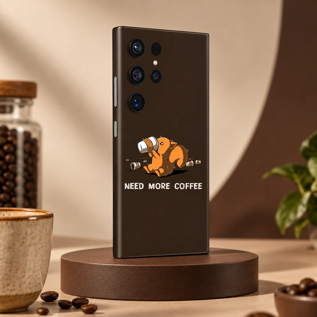 Need More Coffee Mobile Skin - Brown studio angle Brown Need More Coffee mobile skin with orange squirrel drinking coffee - brown studio angle