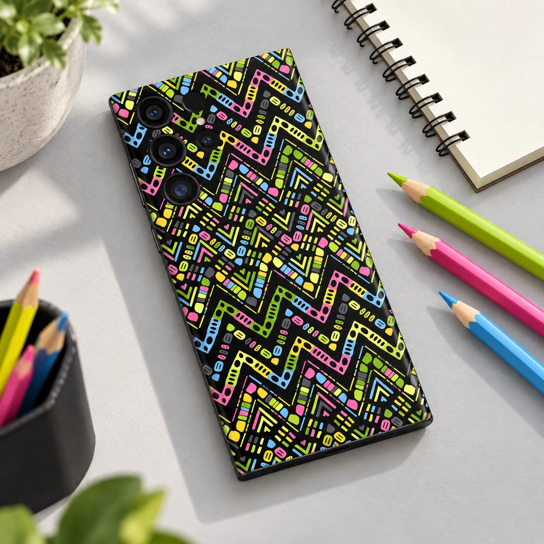 Neon Geometric Zigzag Pattern Mobile Skin - Creative desk flat lay Neon Geometric Zigzag Pattern Mobile Skin, creative desk flat lay