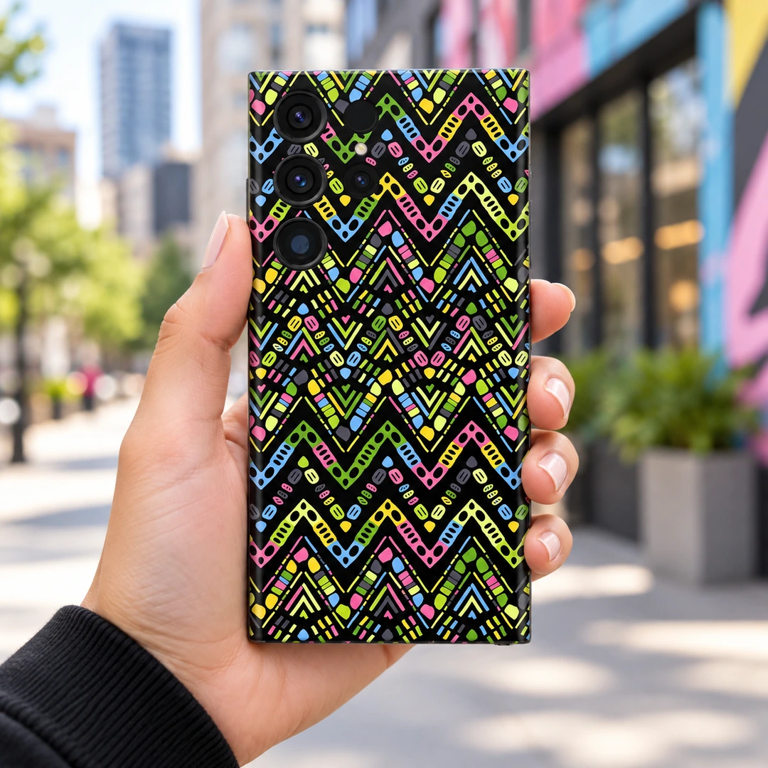 Neon Geometric Zigzag Pattern Mobile Skin - Urban handheld view Neon Geometric Zigzag Pattern Mobile Skin, urban handheld view