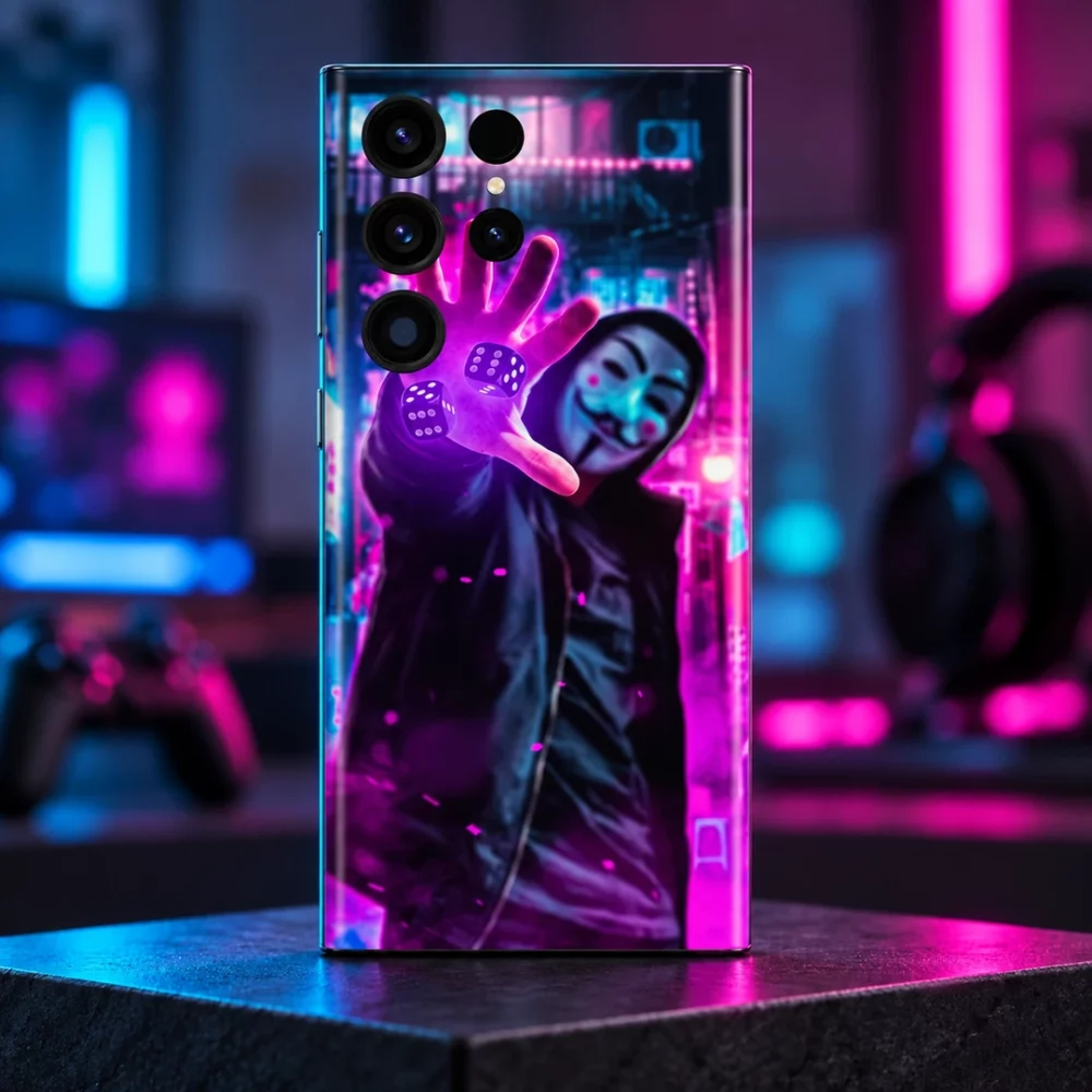 Neon Guy mobile skin with purple hand, dice and masked figure - neon gaming hero