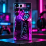 Neon Guy mobile skin with purple hand, dice and masked figure - neon gaming hero