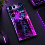 Neon Guy mobile skin with purple hand, dice and masked figure - gaming desk overhead