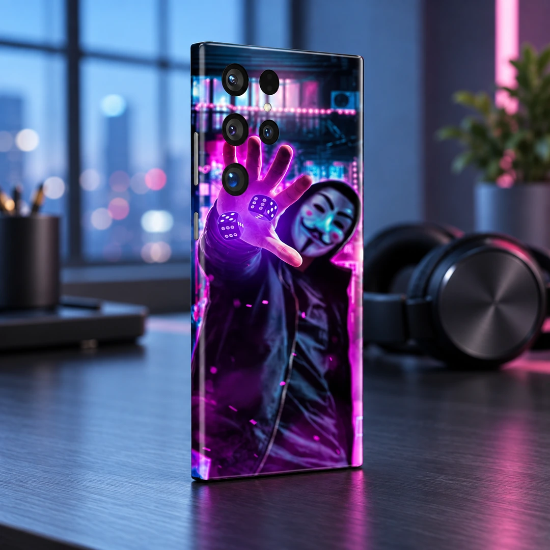 Neon Guy Mobile Skin - Creator studio angle Neon Guy mobile skin with purple hand, dice and masked figure - creator studio angle