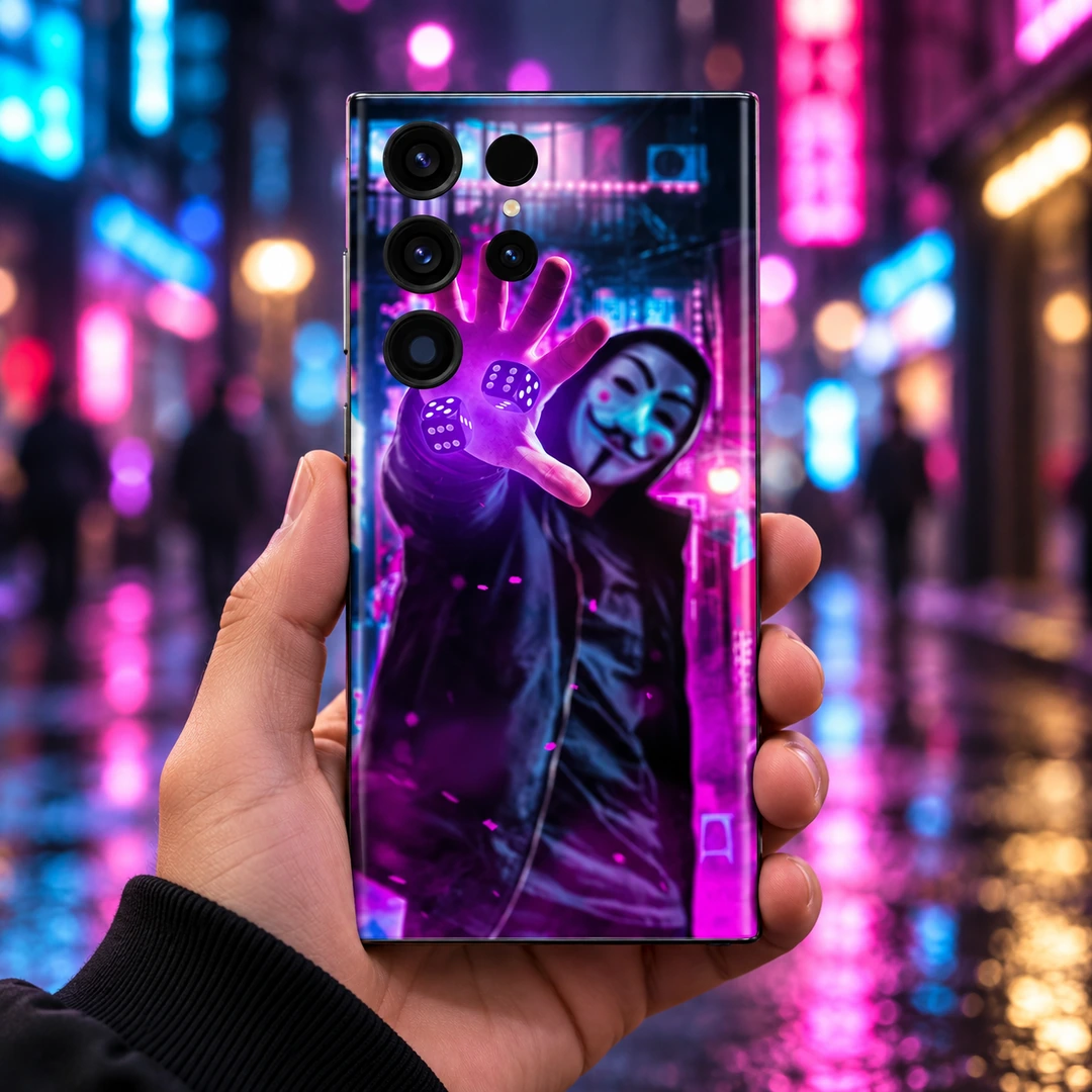 Neon Guy Mobile Skin - Night street handheld Neon Guy mobile skin with purple hand, dice and masked figure - night street handheld