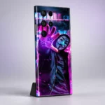 Neon Guy mobile skin with purple hand, dice and masked figure - clean studio rear angle