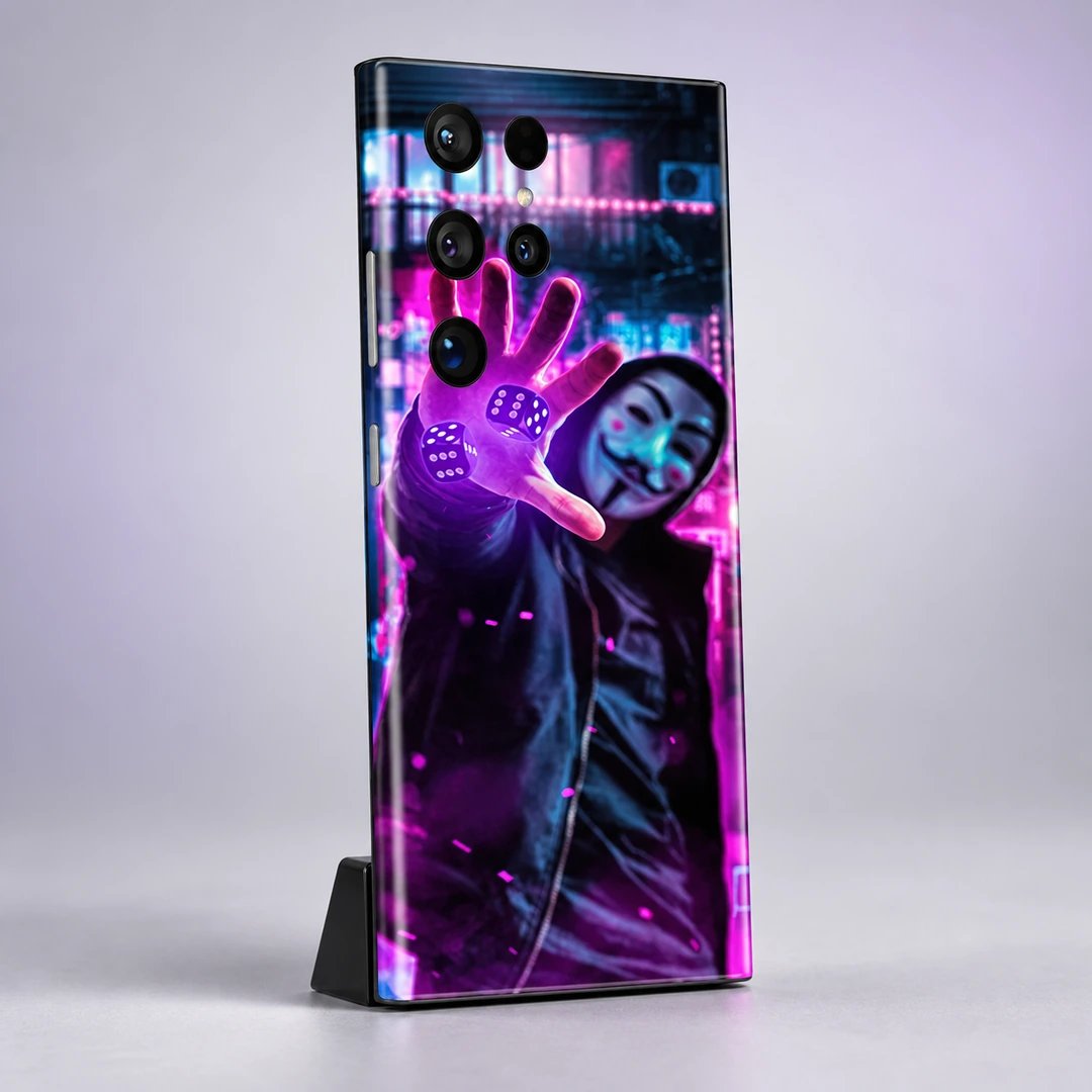 Neon Guy Mobile Skin - Clean studio rear angle Neon Guy mobile skin with purple hand, dice and masked figure - clean studio rear angle