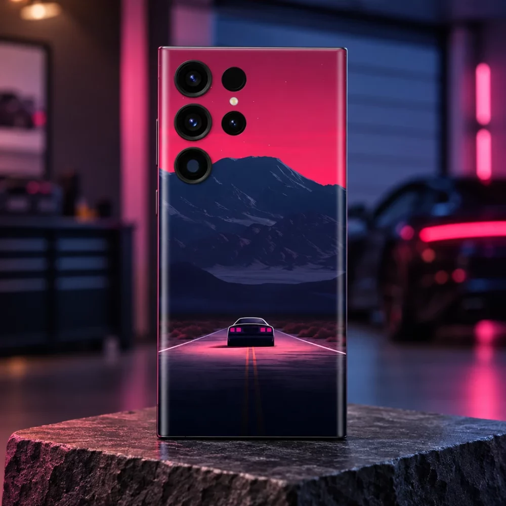 Night Journey mobile skin with a car on a pink-lit road beneath navy mountains, garage hero
