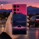 Night Journey mobile skin with a car on a pink-lit road beneath navy mountains, twilight handheld