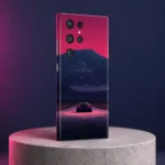 Night Journey mobile skin with a car on a pink-lit road beneath navy mountains, concrete angle