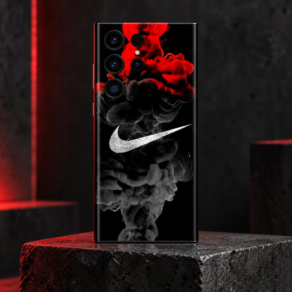 Black phone skin with white swoosh and red and grey smoke, concrete pedestal hero