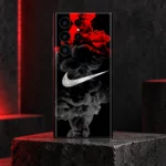 Black phone skin with white swoosh and red and grey smoke, concrete pedestal hero