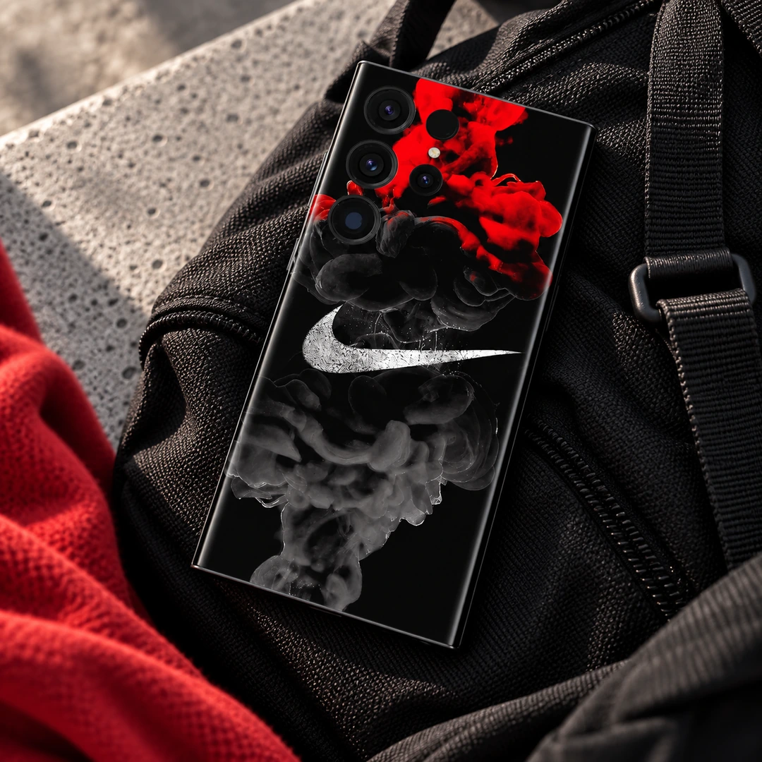 Nike Smoke Drawing Mobile Skin - Gym bag flat lay Black phone skin with white swoosh and red and grey smoke, gym bag flat lay