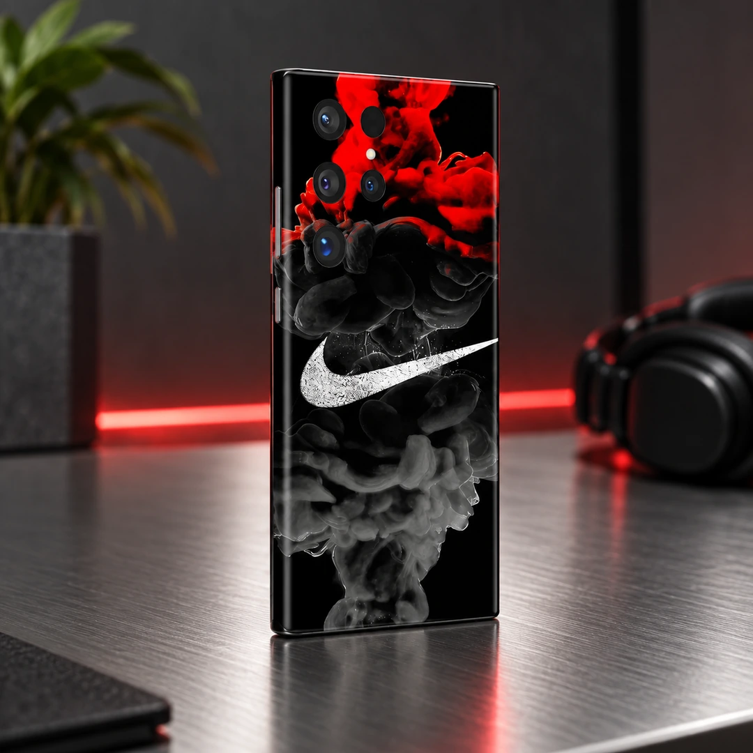 Nike Smoke Drawing Mobile Skin - Metal desk angle Black phone skin with white swoosh and red and grey smoke, metal desk angle