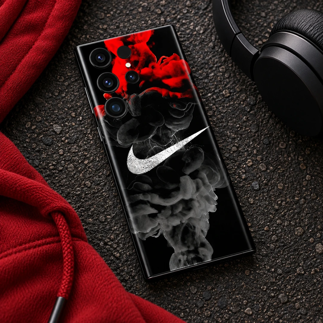 Nike Smoke Drawing Mobile Skin - Streetwear flat lay Black phone skin with white swoosh and red and grey smoke, streetwear flat lay