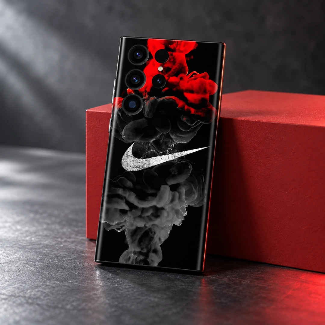 Nike Smoke Drawing Mobile Skin - Red block studio view Black phone skin with white swoosh and red and grey smoke, red block studio view