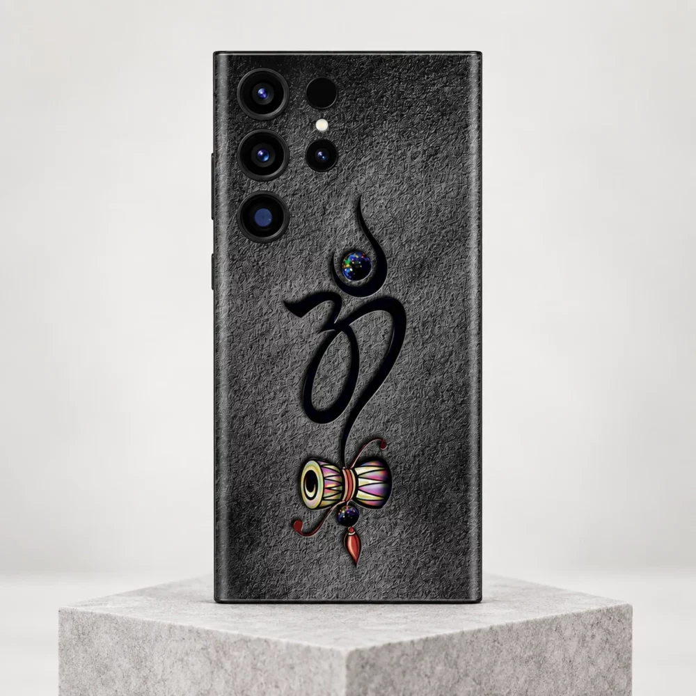 Om With Damru mobile skin with black Om and colourful damru on charcoal - grey stone hero
