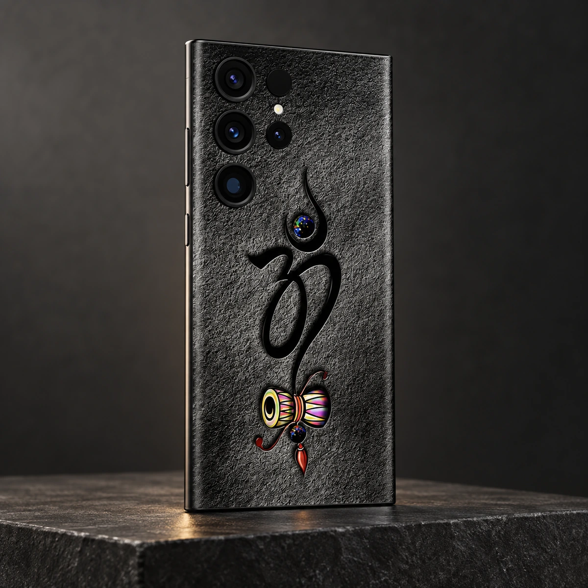 Om Damru Charcoal Mobile Skin - Graphite studio Om With Damru mobile skin with black Om and colourful damru on charcoal - graphite studio