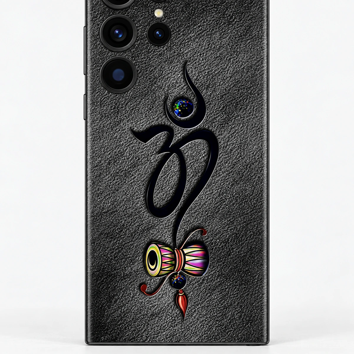 Om Damru Charcoal Mobile Skin - Om symbol detail Om With Damru mobile skin with black Om and colourful damru on charcoal - om symbol detail