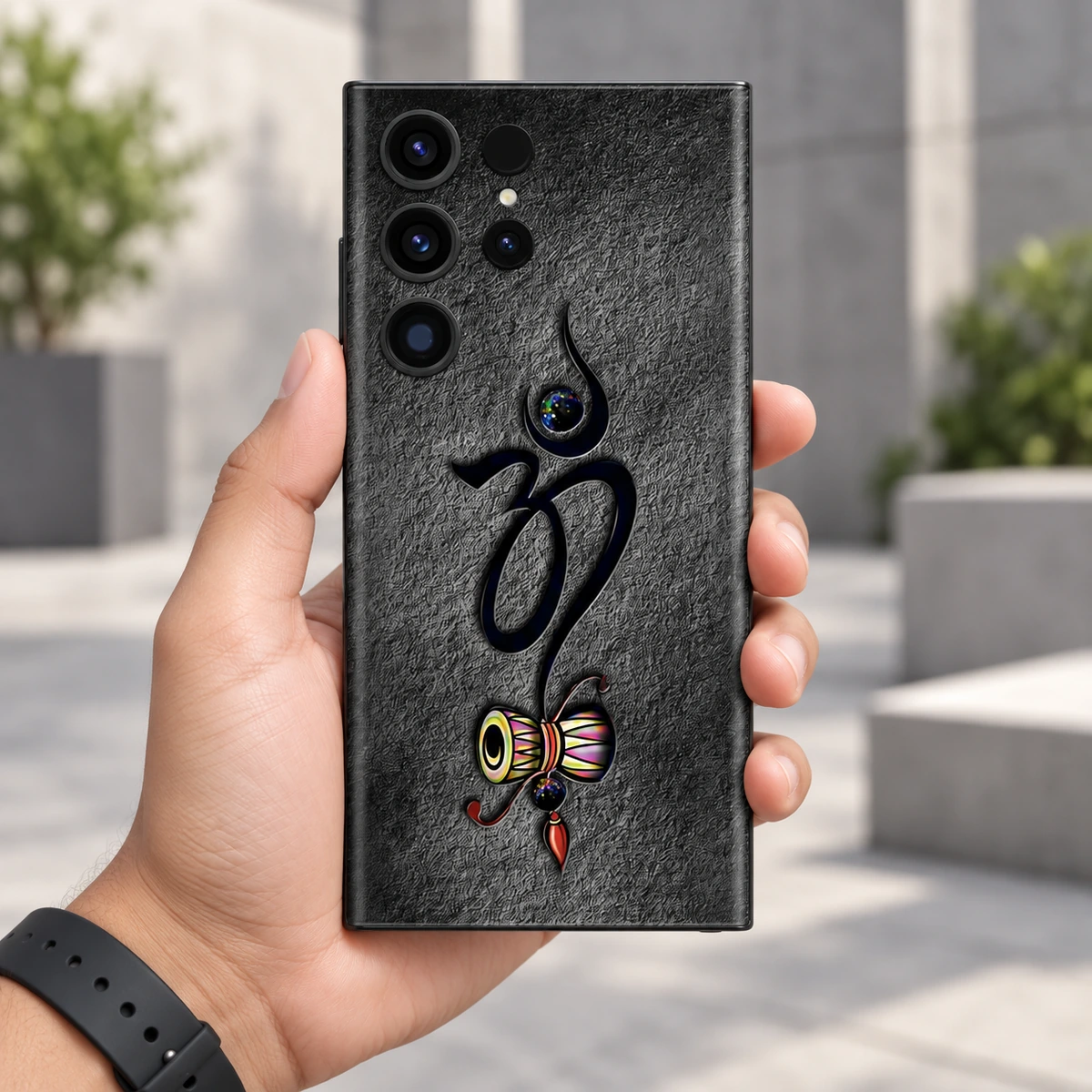 Om Damru Charcoal Mobile Skin - In-hand lifestyle Om With Damru mobile skin with black Om and colourful damru on charcoal - in-hand lifestyle