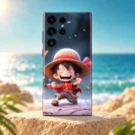 One Piece mobile skin with laughing chibi Luffy in a straw hat, coastal hero