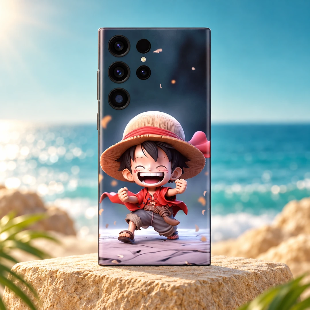 One Piece Chibi Luffy Mobile Skin - Coastal hero One Piece mobile skin with laughing chibi Luffy in a straw hat, coastal hero