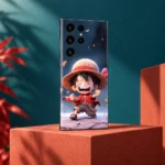 One Piece mobile skin with laughing chibi Luffy in a straw hat, teal and terracotta studio