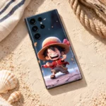One Piece mobile skin with laughing chibi Luffy in a straw hat, nautical flat lay