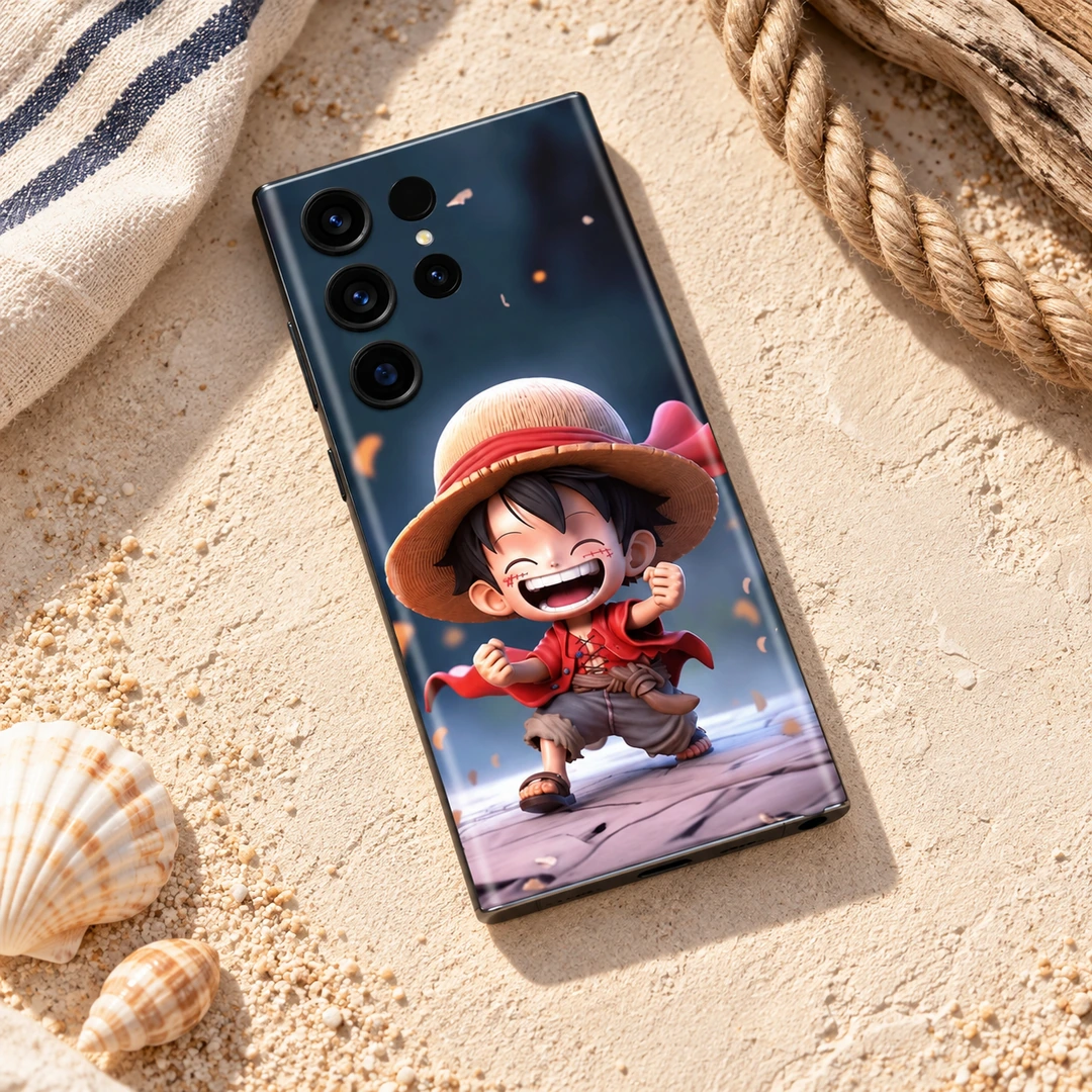 One Piece Chibi Luffy Mobile Skin - Nautical flat lay One Piece mobile skin with laughing chibi Luffy in a straw hat, nautical flat lay
