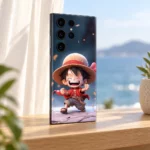 One Piece mobile skin with laughing chibi Luffy in a straw hat, window light detail