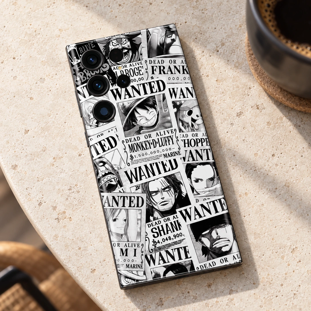 One Piece Wanted Poster Mobile Skin – cafe flatlay Black and white One Piece wanted poster mobile skin with Luffy and Shanks, cafe flatlay