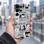 Black and white One Piece wanted poster mobile skin with Luffy and Shanks, city handheld